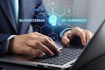 Businessman using laptop, futuristic AI humanoid interface;  digital technology, innovation, and modern business concept; professional, serious mood; clean, sleek design.