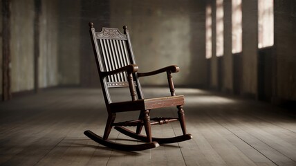 Antique wooden rocking chair in a dusty, sunlit room with tall windows vintage furniture