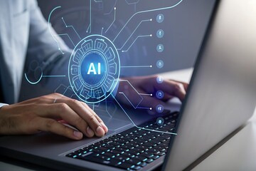Close-up of hands using laptop, futuristic AI interface hologram, innovative technology concept, modern business professional, digital transformation, data analysis, network connection