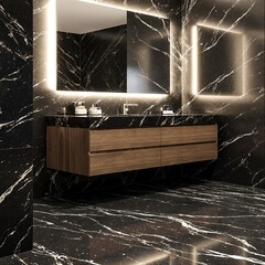 Modern bathroom vanity area with dark marble tiles wooden cabinetry and ambient lighting highlighting stylish sophisticated interior design
