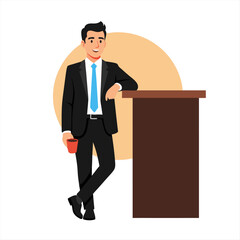 Confident young businessman in a formal suit relaxing with coffee, leaning on a podium for a business speech