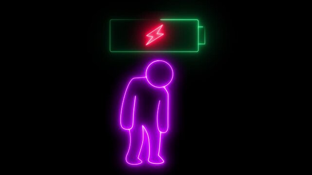 Neon low battery icon and tired person appearing in the foreground suggesting a concept burnout and fatigue in medical professionals on background. 
