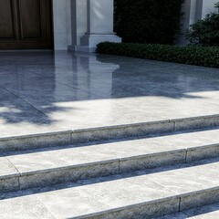Outdoor villa entrance flooring designed with grey marble tiles wide steps greenery and soft lighting creating majestic elegant luxury ambiance