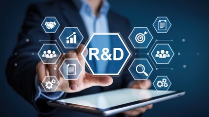 Innovative business professional driving research and development with digital interface and icons