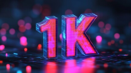 Futuristic Achievement Celebration with Neon Hologram Style 1K Symbol and Dusted Light Effects