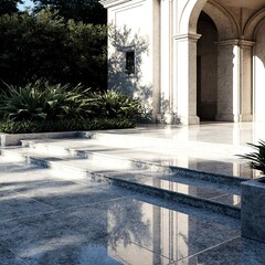 Outdoor villa entrance flooring designed with grey marble tiles wide steps greenery and soft lighting creating majestic elegant luxury ambiance