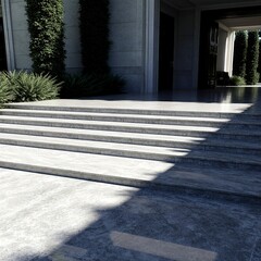 Outdoor villa entrance flooring designed with grey marble tiles wide steps greenery and soft lighting creating majestic elegant luxury ambiance