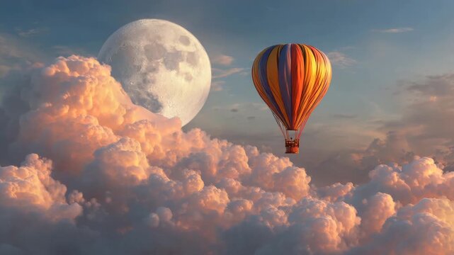 Fantasy hot air balloon floating above clouds