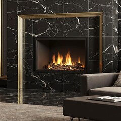 Living room fireplace design with black marble tiles metallic accents and warm lighting creating cozy stylish luxurious interior environment