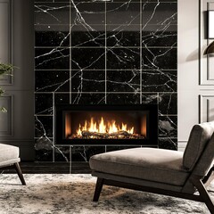 Living room fireplace design with black marble tiles metallic accents and warm lighting creating cozy stylish luxurious interior environment