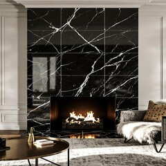 Living room fireplace design with black marble tiles metallic accents and warm lighting creating cozy stylish luxurious interior environment