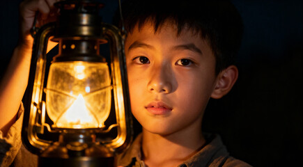 Cinematic Portrait of a Young Asian Boy Holding a Vintage Lantern in the Dark
