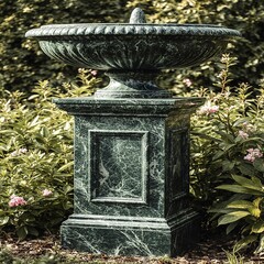 Outdoor garden fountain base designed with green marble tiles surrounded by flowers and lighting creating harmonious natural elegant environment