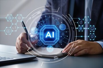 Businessman working on laptop, futuristic AI interface hologram, innovative technology concept, digital transformation, strategic planning, modern workspace, professional, serious mood, technological