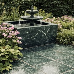 Outdoor garden fountain base designed with green marble tiles surrounded by flowers and lighting creating harmonious natural elegant environment