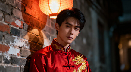 Handsome Young Asian Man in a Traditional Red Dragon Costume for Chinese New Year.