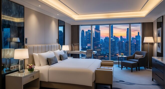 Elegant Hotel Room with King Bed, Desk, and Breathtaking City Skyline View at Sunset