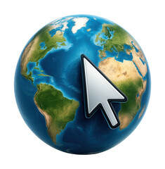 Blue globe with mouse cursor, symbolizing global connectivity and internet browsing.