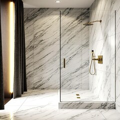 Luxury hotel bathroom with polished white marble tiles glass shower cabin and golden fixtures creating refined elegant modern hospitality atmosphere