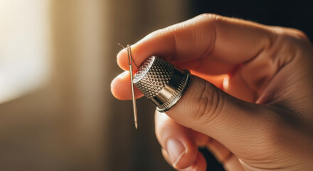 Hand holding sewing needle with thimble in bright light. Crafting scene showcases skilled hands preparing to sew, highlighting essential tools like thimble and needle.