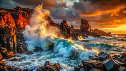 Fototapeta premium Dramatic Ocean Waves Crashing on Rocky Coastline at Sunset