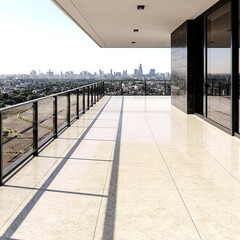 Outdoor balcony flooring designed with beige marble tiles stylish railing and city skyline view creating modern urban residential atmosphere