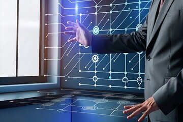 Businessman Interacting with Futuristic Holographic Interface; Modern Technology, Network Connections, Data Visualization, Sleek Design, Blue and Gray Color Palette, Innovative Concept, Professional
