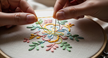 Hands pulling embroidery floss through linen fabric in close-up showing vibrant floral design with colorful threads. Embroidery project features intricate stitching and playful pastel colors,