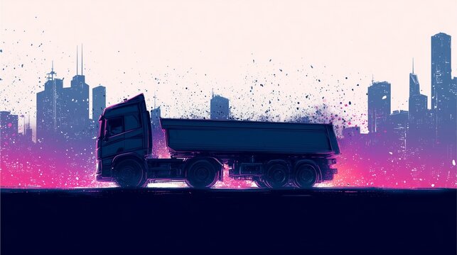 Urban Haul: A modern truck navigates a city, its presence creating a dynamic sense of movement against the backdrop of a sprawling metropolis, with a vivid gradient sky.