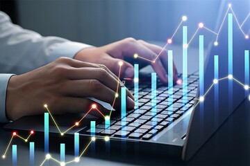 Close-up of hands typing on laptop keyboard, overlaid with dynamic blue and orange growth charts, illustrating technological advancement and financial success in a modern business setting.
