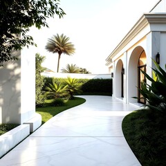 Outdoor luxury pathway designed with cream marble tiles ambient lighting and surrounding greenery creating warm elegant modern residential environment