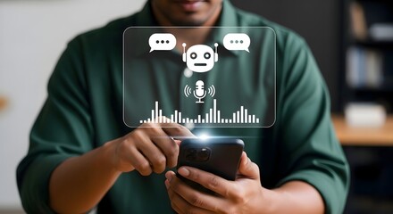 Person using smartphone with ai chatbot interface and voice recognition technology overlay displayed above