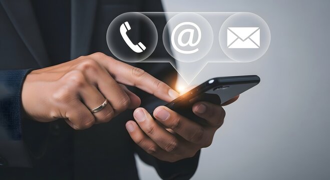 Person using smartphone with contact icons displaying phone email and message option overlayed image