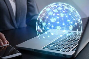 Global Network Connection: Businessperson using laptop with glowing digital sphere illustrating worldwide connectivity, showcasing modern technology and professional communication.