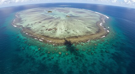 Obraz premium Aerial View of Circular Coral Reef Island in Turquoise Ocean with Ship Nearby