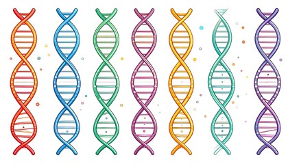 Colorful double helixes lined up with white background and scattered small bokeh circles