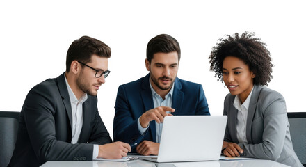 Three colleagues, two men and one woman, are focused on a laptop screen during a work meeting, discussing a project isolated on transparent background