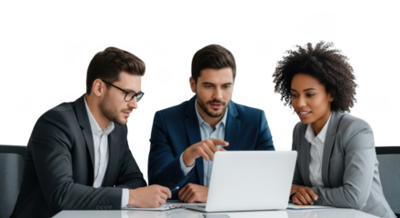 Three colleagues, two men and one woman, are focused on a laptop screen during a work meeting, discussing a project isolated on transparent background