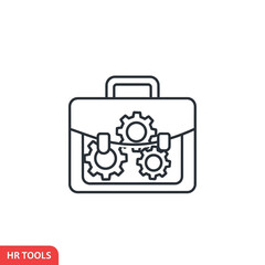 An outline of a briefcase with gears inside, representing HR tools.