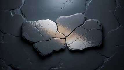Cracked Stone Fragments With Metallic Sheen On Dark Textured Surface rock broken
