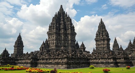 Fototapeta premium Ancient Stone Temple Complex Under Blue Sky with White Clouds in Historic Site