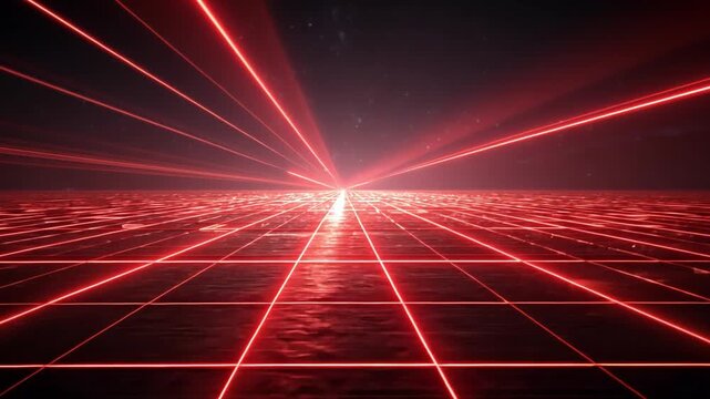 Laser Grid and Geometric Depth: The image features a mesmerizing display of red laser beams forming a grid pattern, receding into the distance.