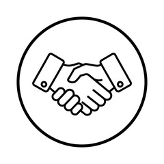 Naklejka premium Black and white line art illustration of two hands shaking inside a circle.
