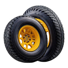 Obraz premium Two Rugged Off Road Tires with Yellow Rims Isolated wheel vehicle isolated on a transparent background