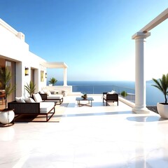 Outdoor villa terrace design with white marble tiles panoramic sea view modern furniture and warm lighting creating luxurious lifestyle atmosphere