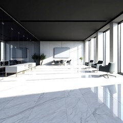 Office conference room flooring designed with grey marble tiles glass walls and modern furniture creating professional elegant contemporary interior