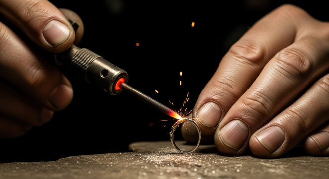 Skilled craftsmanship in close-up on ring welding process with fine details showing hands and tools. Close-up includes flame and sparks added to the focused craftsmanship. - Powered by Adobe