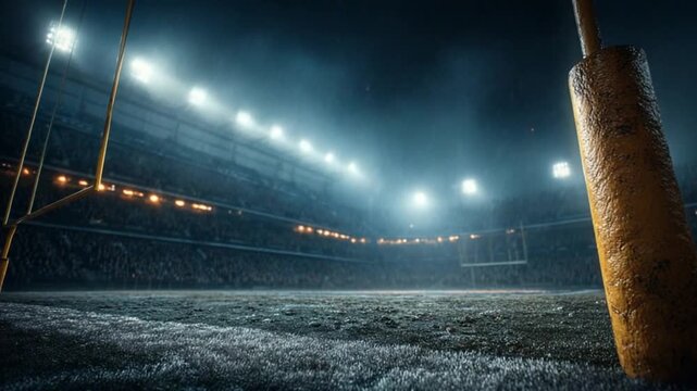 Spectacular American Football Stadium View at Night with Floodlights and Empty Field