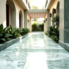 Outdoor pathway design with green marble tiles artistic lighting and surrounding plants creating serene luxurious stylish residential garden environment