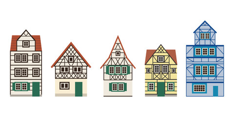 Set of Traditional German Houses. Flat facades of european framing houses, cottages. Vector illustrations isolated on white background. Set for travel posters, maps, guides, postcards, branding.